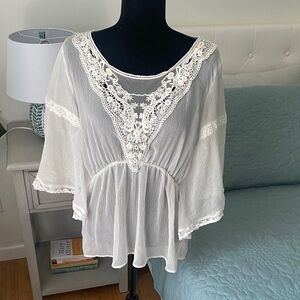 Free People Sheer Embroidered Lace Detail Blouse SZ L